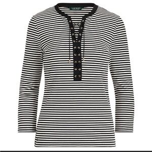 Lauren Ralph Lauren Size S Lace-Up Striped Cotton Top Tee NEW!
